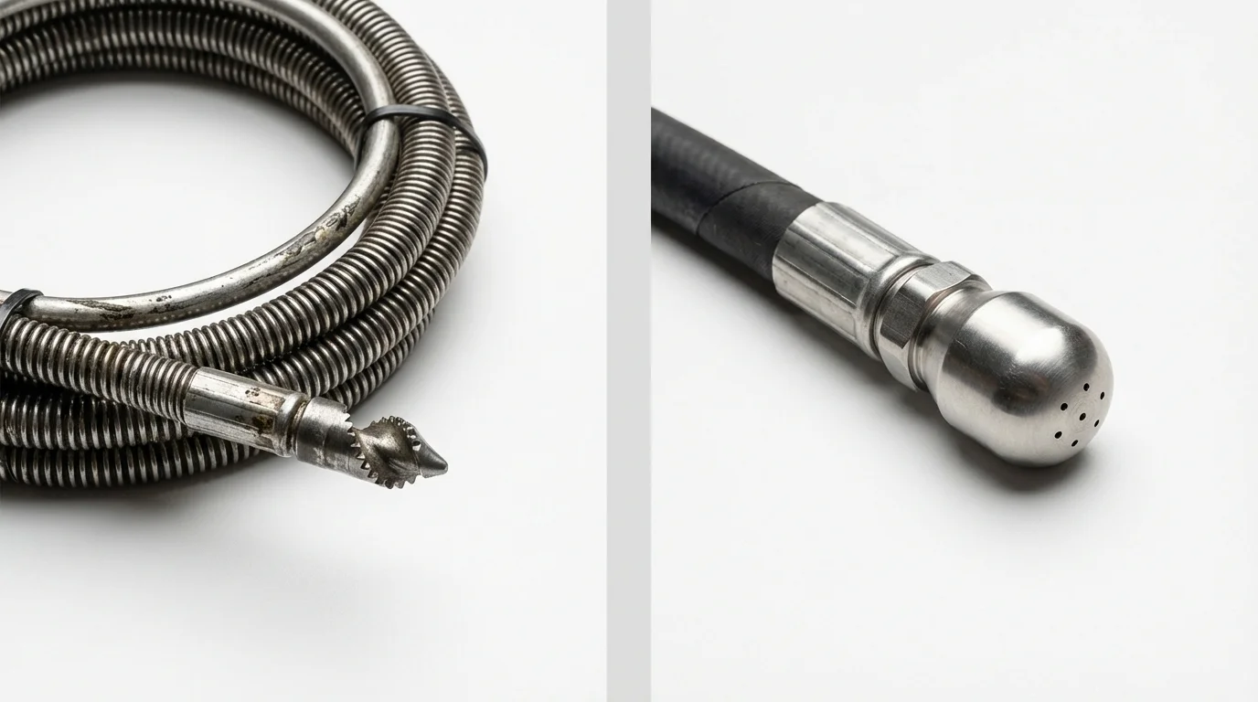 Drain snake cable and hydro jetting nozzle used for drain cleaning in Waverly, IA