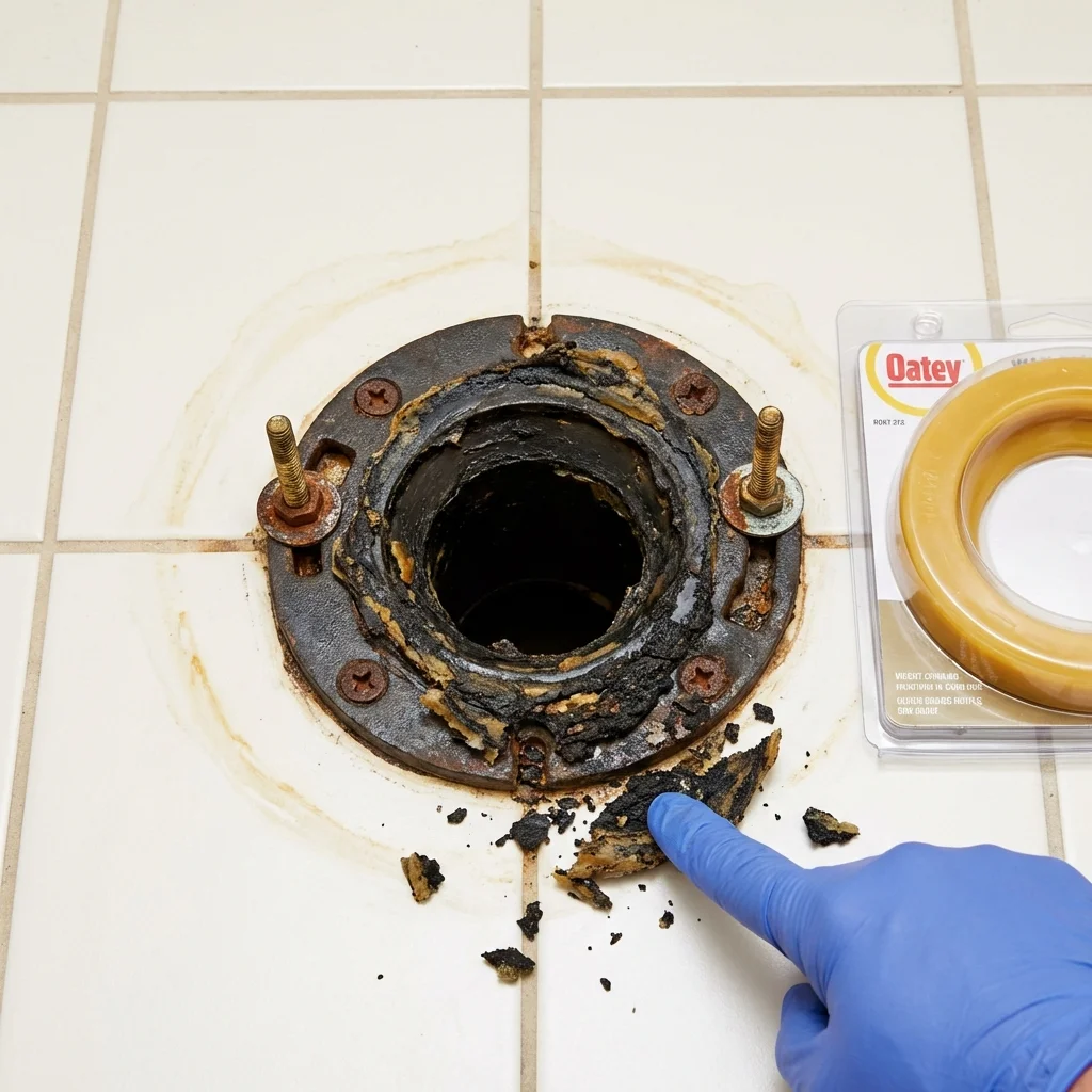 Failed wax ring showing water seepage at the base of a toilet in a Waverly, IA home