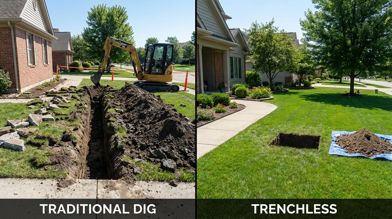 Trenchless sewer repair with minimal yard damage versus traditional excavation in Waverly, IA