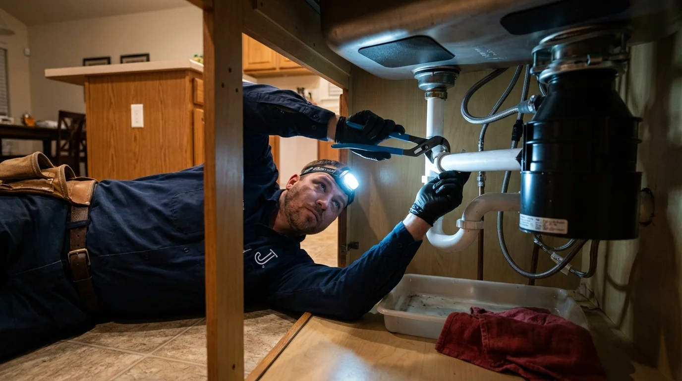 P-trap and supply line connections under a kitchen sink showing a common leak point in Waverly, IA